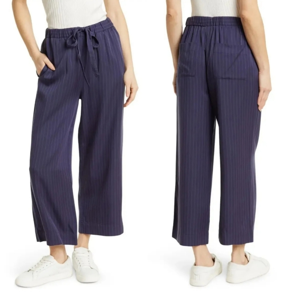 MARINE LAYER Aly Wide Leg Crop Pants In Navy Blue Stripe S.